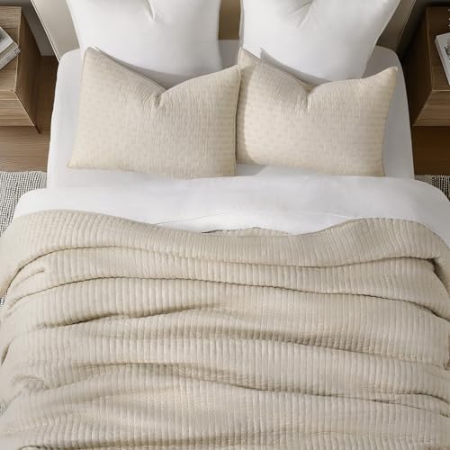 EVERGRACE 100% Cotton Cross Stitch 3-Piece Quilt Set, King, Flax Beige - color: Flax Beige, size: King/Cal King (108" X 96")