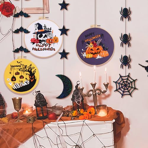 FONNUY Halloween 3 Set Embroidery Kit DIY for Adult Beginner, Pre-Stamped Patterns Pumpkin Skull Embroidery Kits with Embroidery Hoop, Colored Threads and Needles, Easy to Follow Needlework