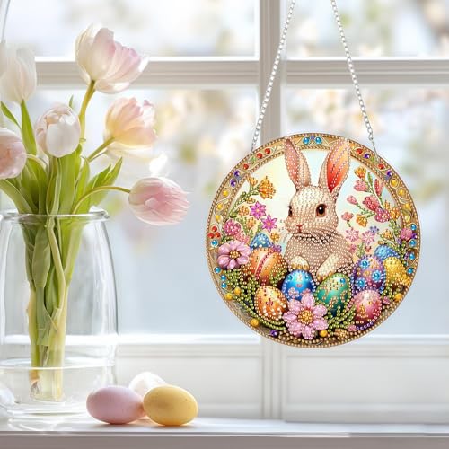 NAIMOER Easter Rabbit Egg Diamond Art Hanging Kits for Adults, 5D Special Shaped Rhinestone, DIY Spring Diamond Art Painting Window Pendants Home Garden Wall Hanging Ornament Kits, Double Sided - color: Easter 09