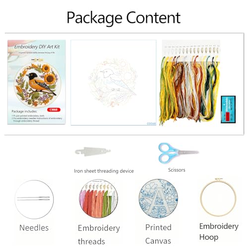 Zhenqing Bird Embroidery Kit for Beginners, Songbird & Floral Needlework Craft with Pre-Printed Cotton Fabric, Hoop, Threads & Tools, Garden Decor (C0068) - color: Bird & Sunflower Garden