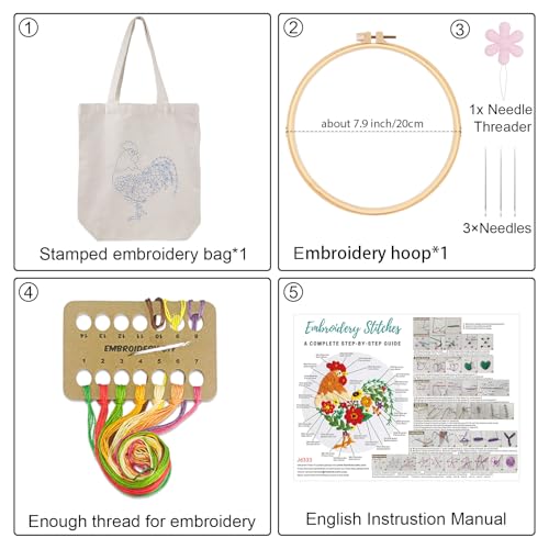 Louise Maelys Embroidery Kit Canvas Tote Bag for Beginners, Floral Rooster - color: rooster Flower