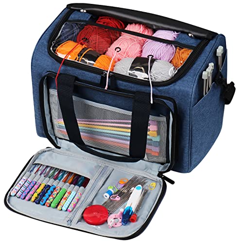 Coopay Large Knitting Bag Yarn Bag for Crochet, Yarn Tote Storage Organizer Portable Individual Compartments for Carrying Unfinished Project, Crochet Hooks Needles Accessories - color: Navy Blue