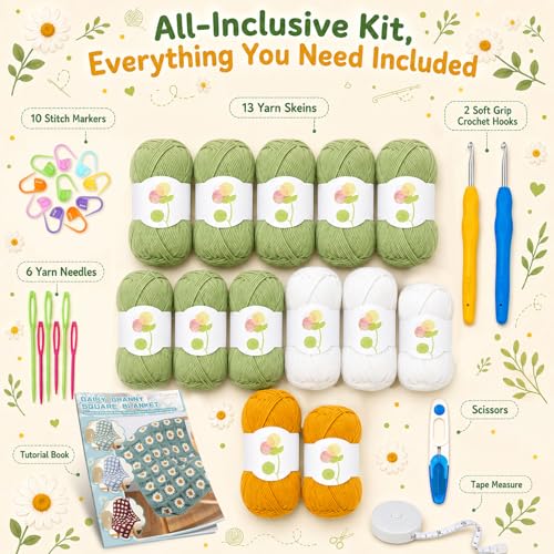Coopay Crochet Kit for Beginners Adults, Large Granny Square Blanket Kit - color: Upgrade-Large-green