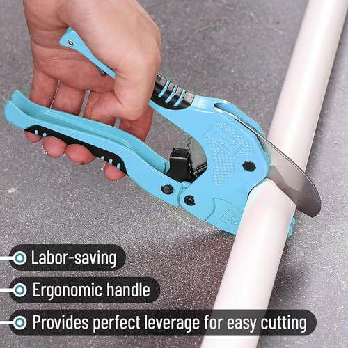 Bates- PVC Pipe Cutter, Cuts up to 1-5/8", Ratchet Pipe Cutter, PEX Cutting Tool for Cutting PEX, PVC, PPR Plastic Hoses and Plumbing Pipes, Sky Blue - color: Sky Blue