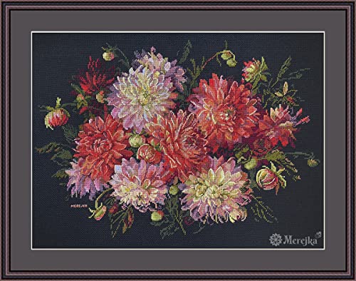 Merejka Dahlias Counted Cross Stitch Kit K-219 | Zweigart Black Aida 16 | 28 DMC Thread Colors | 11¾×15¾ in (30×40 cm)