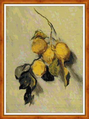 IUHUI 14 Count Stamped Cross Stitch Kits for Beginners Adults, Branch of Lemons of Claude Monet Pre-Printed DIY 14ct Embroidery Sewing Starter Kit Needlework Easy Patterns Famous Paintings - color: Branch of Lemons