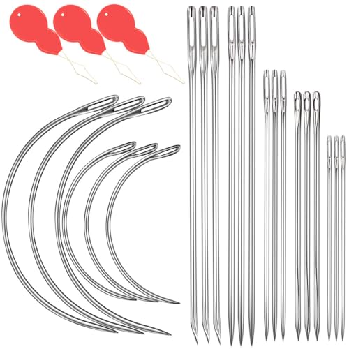 Heavy Duty Hand Sewing Needles Kit, 21 PCS Leather Sewing Needles with 15 Leather Hand Sewing Needle and 6 Curved Needle for Home Upholstery, Leather Needles for Hand Sewing - color: 21PCS