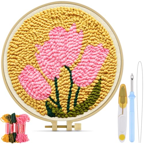 TINDTOP Punch Needle Embroidery Kits, Tulip Punch Needle Kits for Adults Beginner, Tool with Punch Needle Fabric, Hoops, Yarns and Sewing Needles - color: Pink Tulip