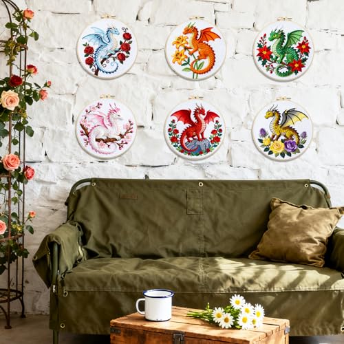 BEUNITONE 6 Set Embroidery Kits for Beginners with Dragon Pre-Print Pattern - style: Dragon