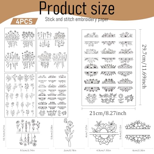 Floral Water Soluble Embroidery Patterns, 4 Sheets Stick and Stitch Embroidery Papers Wash Away, Pre-Printed Flower Pattern Transfer Paper Stabilizers for Hand Sewing Lovers Beginners - size: Flower D