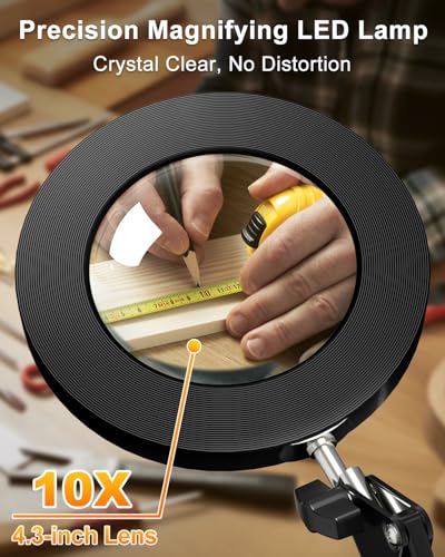 10X Magnifying Glass with Light and Clamp, ZAPLIT 4.3” Real Glass Lens Magnifier Desk Lamp, Metal Swing Arm LED Ring Light with 3 Color Modes & 10 Brightness Levels for Crafts Painting Nail Art Repair - style: Lamp with Clamp