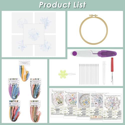 ERKOON Embroidery Kit for Beginners, 5 Sets Flower Cross Stitch Set for Adults Include Embroidery Cloth Hoops Threads for Craft Lover Hand Stitch with Skill Techniques (Flower) - color: Flower