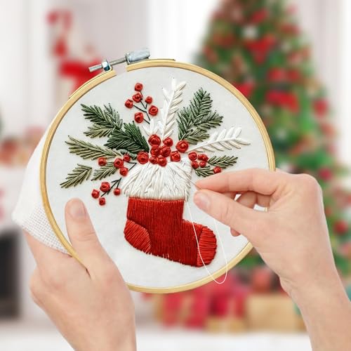RUIQLXHANG Christmas Embroidery Kit, Christmas Gnomes Embroidery Kits for Beginners with Pattern, Cotton Threads, Needles, Instruction, 20cm Hoop, Gift for Mom, Grandma (Stocking Stuffer) - color: Stocking Stuffer