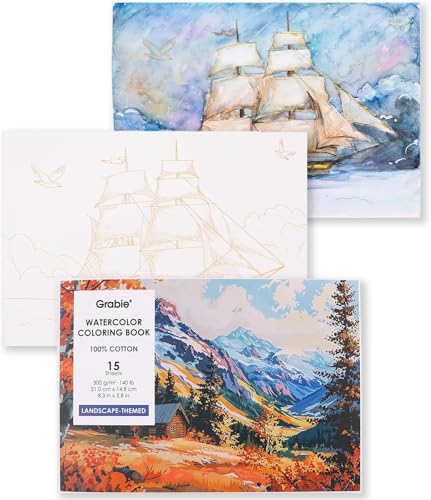 Grabie Watercolor Coloring Book, 15 A5 Cotton Sheets, Landscape Themed - color: Landscape