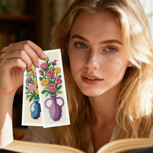 INFUNLY 6PCS Cross Stitch Bookmark Kit for Adults Flower Vase Stamped Embroidery Bookmark Kit with Backing Felt Floss Instruction for Book Lovers Readers - style: Vases