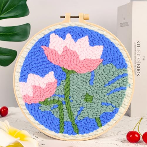 Woohome Punch Needle Kit Included Plastic Hoops, Punch Needle Cloth, Color Yarn and Punch Needle Tools for Adults, Beginners (Chrysanthemum, Lotus, Lily) - color: Color 16