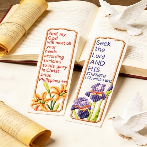 ORIGACH 6 Set Bible Verse Floral Cross Stitch Bookmark Kit for Beginner - style: Floral Scripture & Inspirational Verse