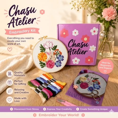Embroidery Kit for Beginners Adults & Teens - Complete Starter Set with Rabbit & Flower Patterns, Practice Samples, Embroidery Hoop, Threads & Needles - DIY Hand Embroidery Craft Gift