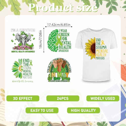 24Pcs Mental Health Awareness Dtf Transfers Ready to Press May Mental Health Month Iron on Transfers for Tshirts Psychological Transfer Vinyl Stickers for Clothing Pillows Bag DIY Crafts - color: Mental Health Awareness
