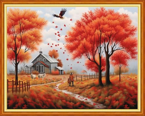 Redxing Stamped Cross Stitch Kits - Beach Night Landscape Counted Cross Stitch Kits for Beginners Adults Needlepoint Cross-Stitch Patterns-Golden Autumn Scenery 16x20 inchs - color: ArtsKit16