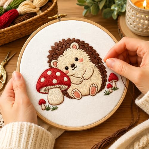 Nuberlic Embroidery Kit for Beginners Stamped Hedgehog Needlepoint - color: Hedgehog