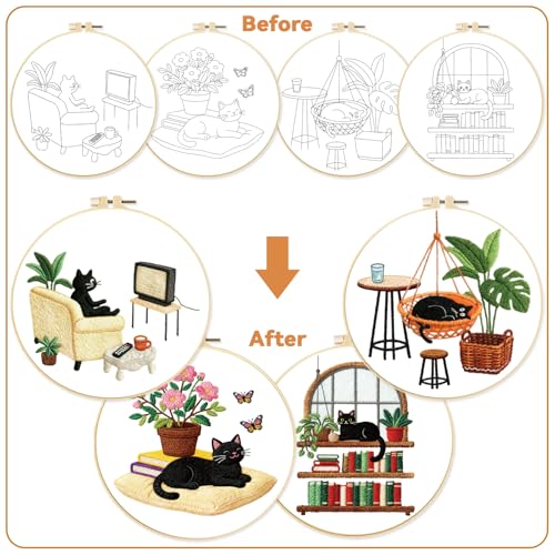BEUNITONE 4 Set Embroidery Kit for Beginners, Daily Life of Cats Patterns Cross Stitch Kits, Needlepoint Kits for Adults with Hoop, Cute Hand Embroidery Patterns for Cloth and Home Decor - style: A-Cat-03