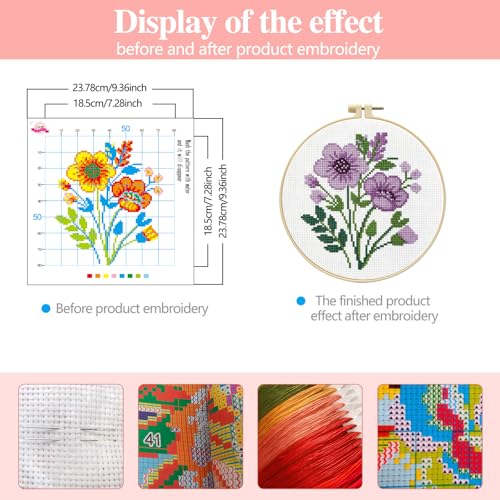 Zhenqing Purple Floral Bouquet Cross Stitch Kit for Beginners - 11CT 24x24cm Pre-Printed Pattern with Embroidery Hoop, Threads & Tools(70523) - color: Purple Floral Bouquet