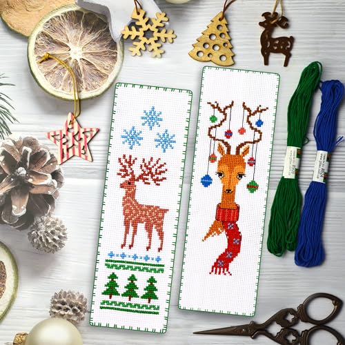 Povitrulya Winter Deer Counted Cross Stitch Bookmark Kit - DIY Embroidery Set with a Sampler Pattern of Reindeer and Snowflakes - Handmade Christmas, New Years Gift - color: Winter`s Deer