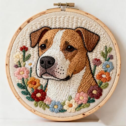 DIY Punch Needle Kits Pit Bull in Flowers 20x20cm