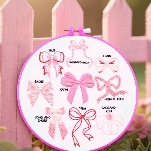 Pink Bowknot Embroidery Kits for Beginners Adults, Cute Hand Embroidery Starter Kits, Counted Cross Stitch Kits for Beginners DIY Craft Kits for Adults Women, Embroidery Hoops, Thread & Video Tutorial - color: H2049