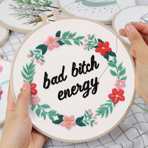 Louise Maelys Funny Quote Embroidery Kit for Beginners Floral Wreath DIY - color: Pattern 23