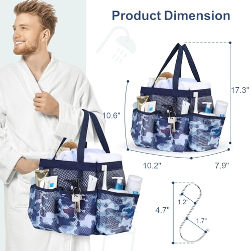 Mesh Shower Caddy Portable - 8 Pockets, S-Hook, Shower Bag for Dorm Camping - color: Dark Blue Camouflage, size: L (Classic Dorm Caddy)