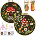 ERKOON Embroidery Kit for Beginners, 2 Set Flower Cross Stitch Set Include Embroidery Cloth Hoops Threads for Craft Lover Hand Stitch with Embroidery Skill Techniques (Mushroom) - color: Mushroom