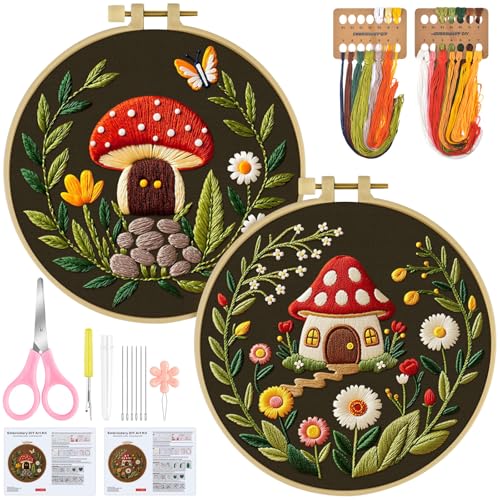 ERKOON Embroidery Kit for Beginners, 2 Set Flower Cross Stitch Set Include Embroidery Cloth Hoops Threads for Craft Lover Hand Stitch with Embroidery Skill Techniques (Mushroom) - color: Mushroom