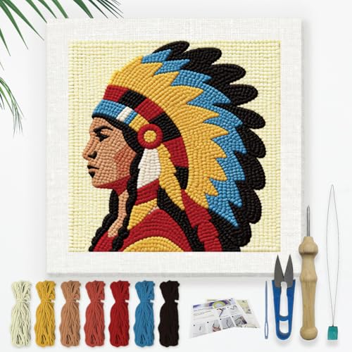 Doodlream Native American Chief Needle Kit for Beginner, 9.4"x 9.4" Tribal Punch Stitching Craft Set, Woman DIY Embroidery Starter with Printed Frame, Instruction, Threader, Yarn, Pinch Needle - color: Native American Chief