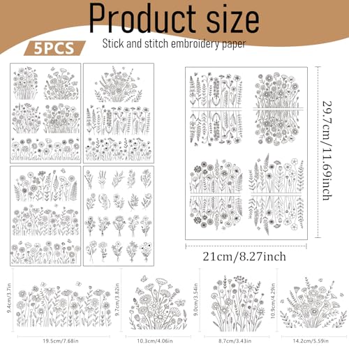 Floral Water Soluble Embroidery Patterns, 5 Sheets Stick and Stitch Embroidery Papers Wash Away, Transfer Paper with Pre-Printed Flower Leaves Designs Customized Gifts for Hand Sewing Lovers Beginners - size: Flower A
