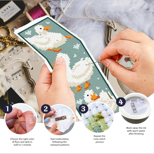 INFUNLY 6PCS Duck Cross Stitch Bookmark Kit for Beginners 2.99''×8.54'' Duckling Stamped Embroidery Bookmark Kits with Words Animals Needlepoint Bookmark Kit with Instruction for Book Lovers Readers - style: Duck