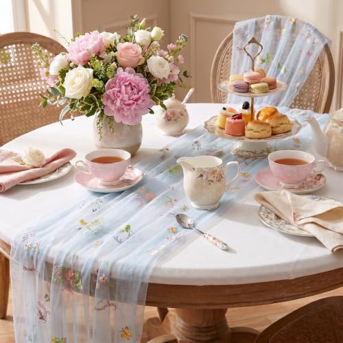 Flower Tulle Table Runner Gauze Centerpieces 10ft Embroidery Spring Lace - color: Baby Blue, size: 27"x120",3pcs