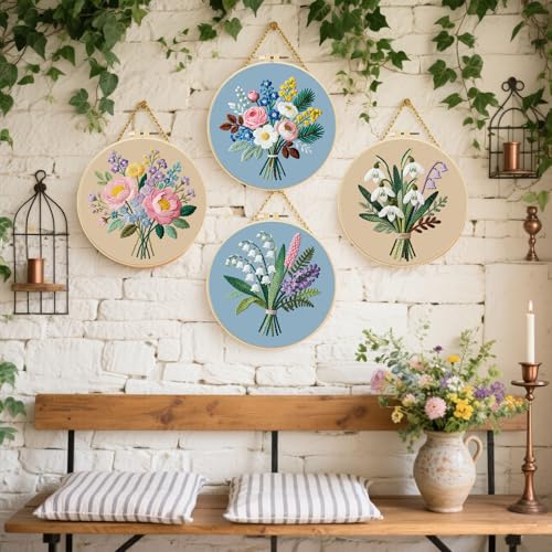 FREEBLOSS 4 Sets Embroidery Kit for Beginners Needlepoint Bouquet Stamped Embroidery Starter Kit with Instructions, Needles, Threads, 2 Hoops 11.6"/29.5CM - style: Bouquet