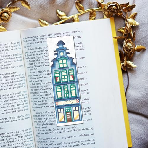 FREEBLOSS 6 Set Cross Stitch Bookmark Kits 11CT 8"x2.4" Street View - style: Bookstore house