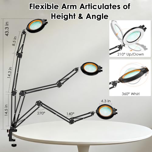 12X Magnifying Glass with Light and Stand Hands Free, Long Swing Arm Lighted Magnifier Lamp for Close Work, Dimmable Desk Magnifying Light with Clamp for Soldering Craft Jewelry Bench Sewing