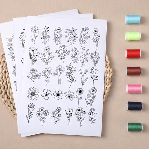 Water Soluble Embroidery Stabilizers for Hat - 3 Sheets 42 Pcs Stick and Stitch Self Adhesive Wash Away with Pre-Printed Flower Pattern for Cap Cloth Embroidery Hand Sewing Lover Beginners DIY Gifts - size: Pattern: Cap