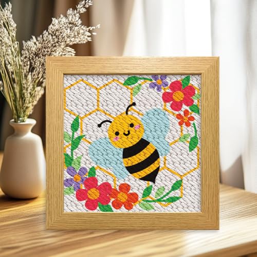 BEUNITONE 2 Sets DIY Punch Needle Kits for Beginners,Bee Pre-Printed Pattern,Embroidery Punch Needle Starter Kits for Adults,Includes Pre-Printed Cloth,Yarns,Hoops,Threader and Instructions - color: 10-Bee