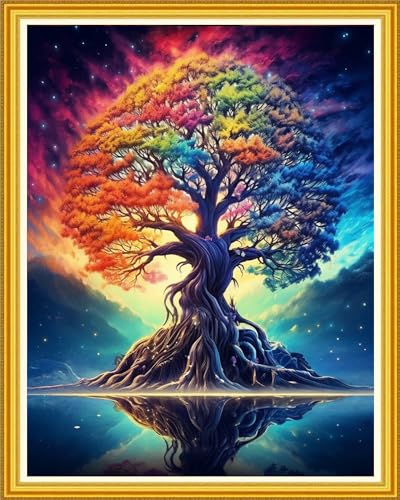 DMCVIVR Stamped Cross Stitch Kits for Beginners Adults Needlepoint Kits for Beginners Embroidery Kits for Adults Crossstitch Kit for Beginners 11CT-Colorful Tree 16x20 inch, ArtKits21 - color: ArtKits21