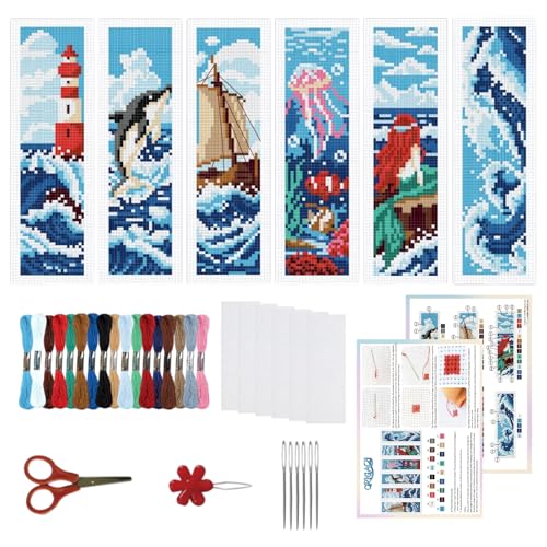 ORIGACH 6 Set Ocean Wave & Nautical Cross Stitch Bookmark Kit for Beginner - style: Ocean Wave