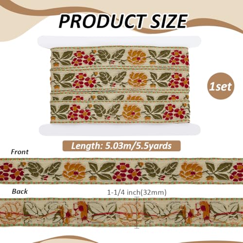 FINGERINSPIRE 5.5 Yards Ethnic Style Embroidery Flower Ribbon 1-1/4 inch Wide Pale Goldenrod Flower Ribbon Floral Embroidered Jacquard Ribbons Vintage Woven Trim for DIY Crafts Sewing Clothing - color: Pale Goldenrod