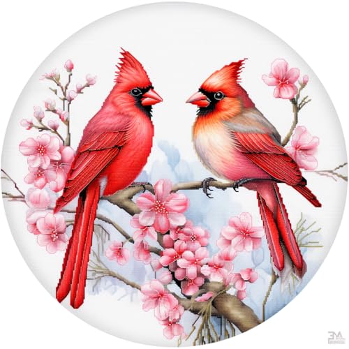 Red Cardinal on Red Fruit Tree Stamped Cross Stitch Kits for Beginners Easy 11CT Needlepoint Embroidery Counted Cross Stitch Kits Art Craft Wall Decoration DIY Gift 50x50cm(2)