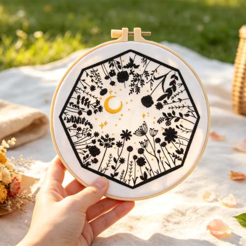 Mystical Embroidery Kits for Beginners Adults, Moon Wild Flowers Embroidery Starter Kit, Floral Stamped Cross Stitch Kits Needlepoint Kits for Beginners Adults, Embroidery Hoop, Thread, Video Tutorial - color: H2122