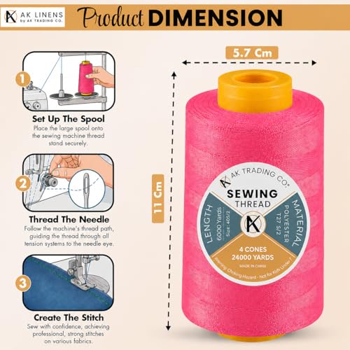 AK Trading 4-Pack Fuchsia All Purpose Sewing Thread Cones (6000 Yards Each) of High Tensile Polyester Thread Spools for Sewing, Quilting, Serger Machines,Overlock, Merrow & Hand Embroidery. - color: FUCHSIA