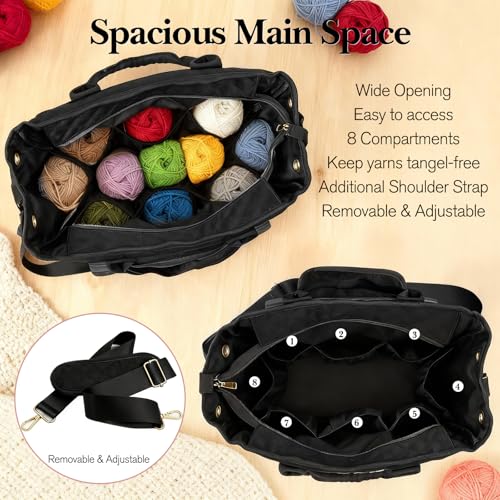Crochet Bag Yarn Storage, Large Knitting Tote with Padded Crochet Hook Organizer, Tote with Multiple Compartments for Crochet Lovers, Knitting Accessories - color: Black01